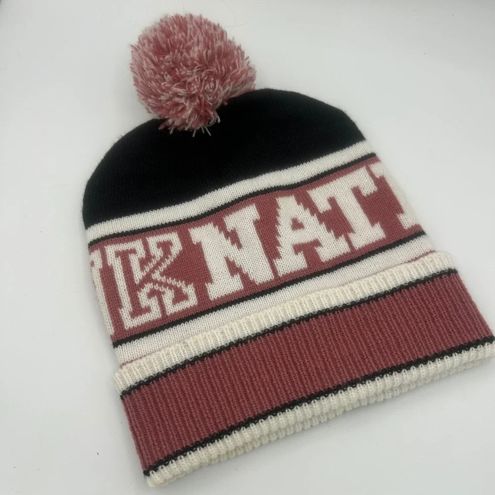Victoria's Secret PINK Nation Pom Beanie Hat Black Maroon White OSITU Acrylic
